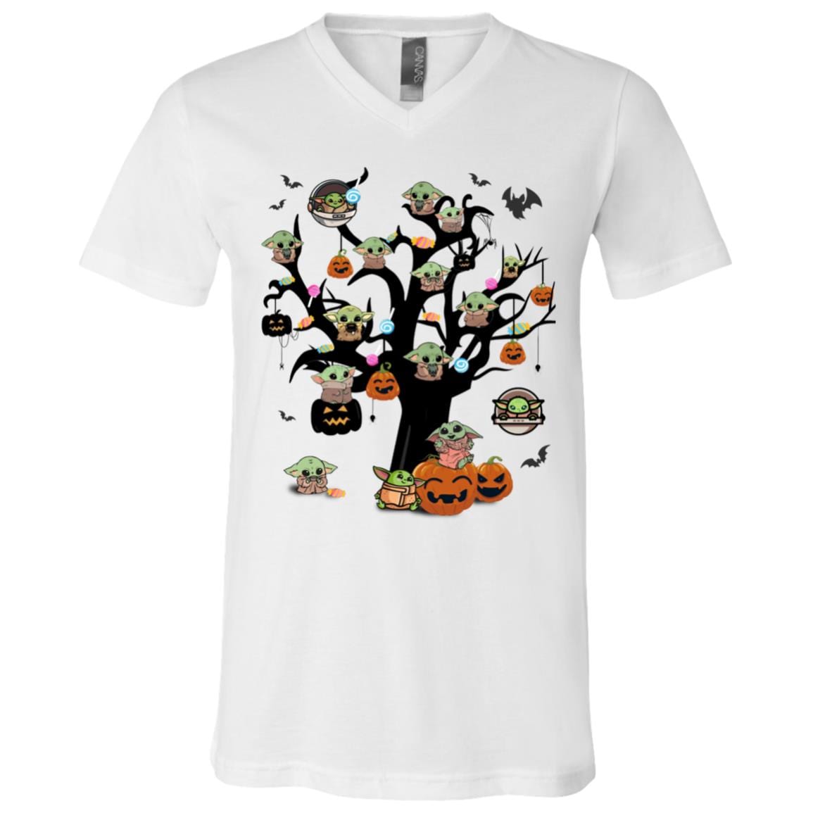 Cute Baby Yoda Tree Funny Halloween T-Shirt - V Neck, White, V-Neck T-Shirt