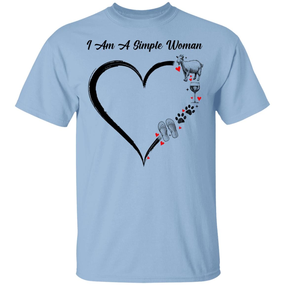 I Am A Simple Woman Love Goats Wine Dogs And Flip Flop T-Shirt - Funny Simple Woman Shirt, Light Blue, Unisex T-Shirt