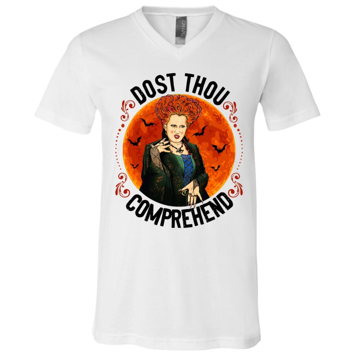 Dost Thou Comprehend Winifred Sanderson T-Shirt - V-Neck Shirt - Funny Halloween Shirt for Women, White, V-Neck T-Shirt
