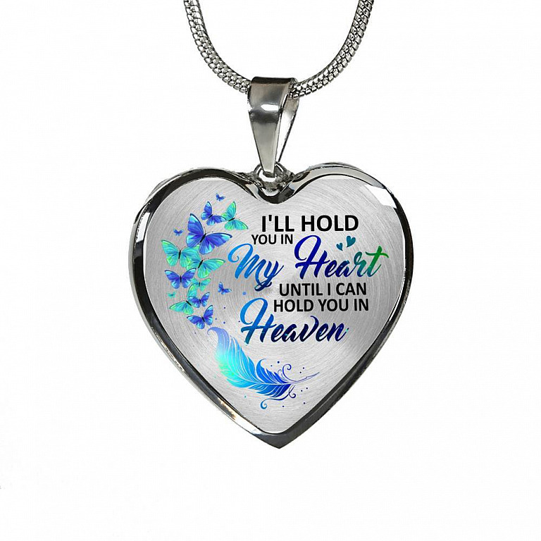 Butterfly I'll Hold You in My Heart Until I Can Hold You in Heaven Memorial Gift - Heart Pendant Necklace - Heart Luxury Necklace (Silver)