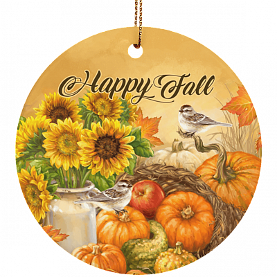 Happy Fall Decorative Ornament - Pumpkin Holiday Flat Circle Porcelain Ceramic Ornament - Decoration Gift, White, Ceramic Circle Ornament