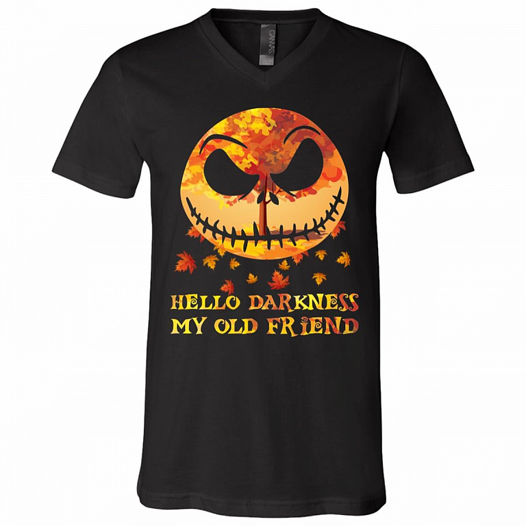 Hello Darkness My Old Friend Funny Jack Skellington Autumn Leaf T-Shirt - V-Neck, Black, V-Neck T-Shirt