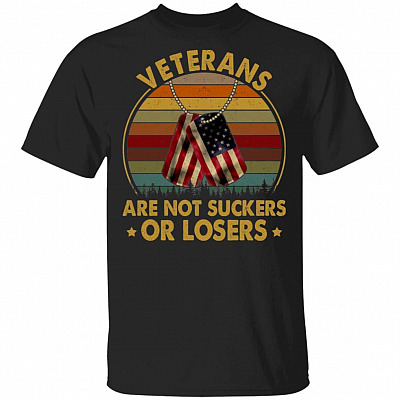 Veterans Are Not Suckers Or Losers American Flag Dog Tag Vintage Retro T-Shirt - Funny Veteran Gifts, Black, Unisex T-Shirt