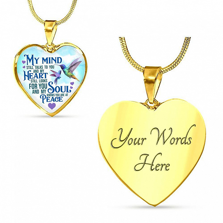 My Mind Still Talks To You But My Soul Know You Are At Peace Hummingbird Luxury Heart Pendant Necklace - Heart Luxury Necklace (Gold Plated)