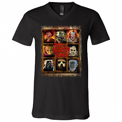 The Bloody Bunch Halloween Character Freddy Michael Penny Chuck-y Horror Movie T-Shirt - V-Neck Shirt, Black, V-Neck T-Shirt
