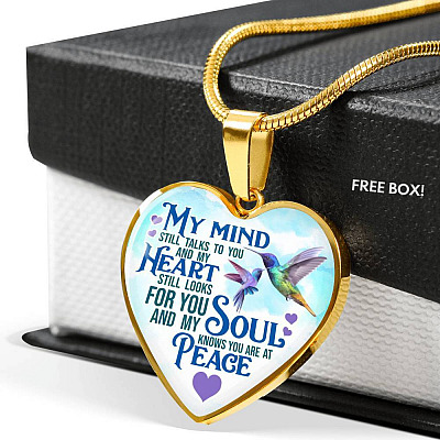 My Mind Still Talks To You But My Soul Know You Are At Peace Hummingbird Luxury Heart Pendant Necklace - Heart Luxury Necklace (Gold Plated)