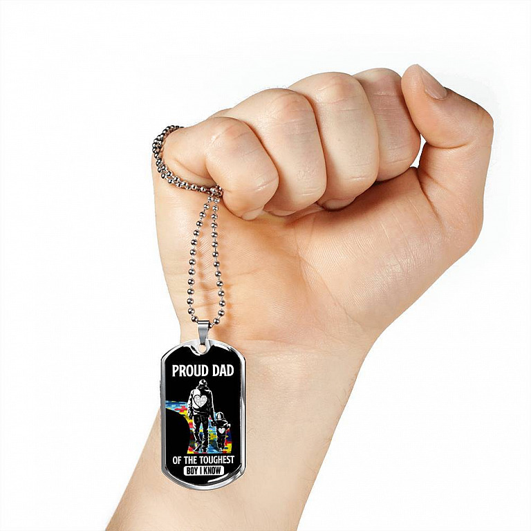 Proud Dad of the Toughest Boy I Know Autism Awareness Dog Tag Pendant Necklace - Dog Tag (Silver)