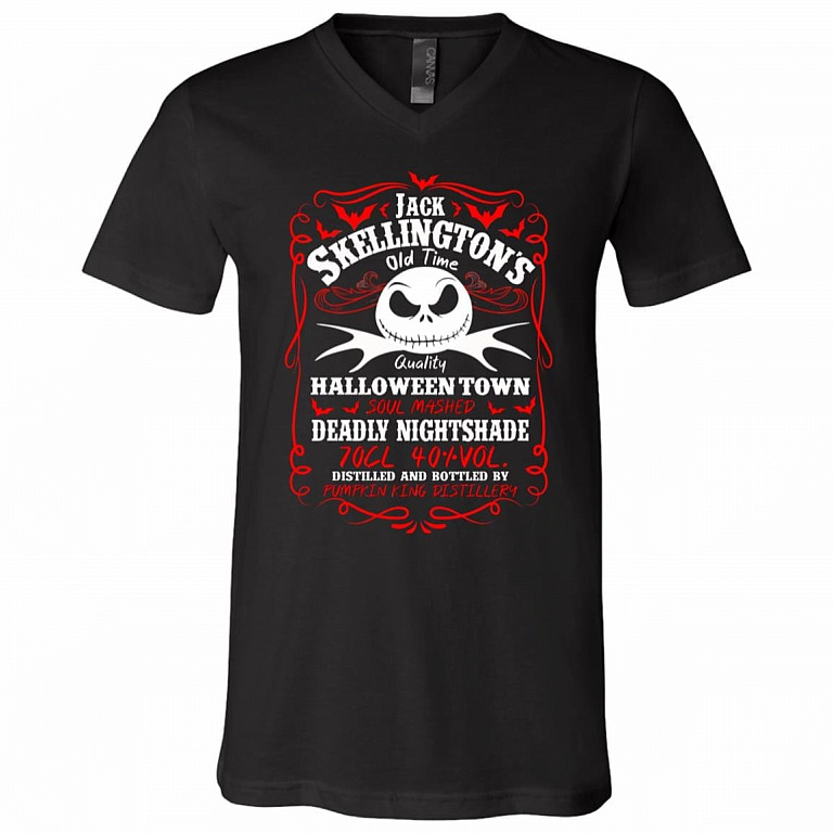 Whiskey Label Jack Skellington Funny The nightmare Before Christmas T-Shirt - V Neck, Black, V-Neck T-Shirt