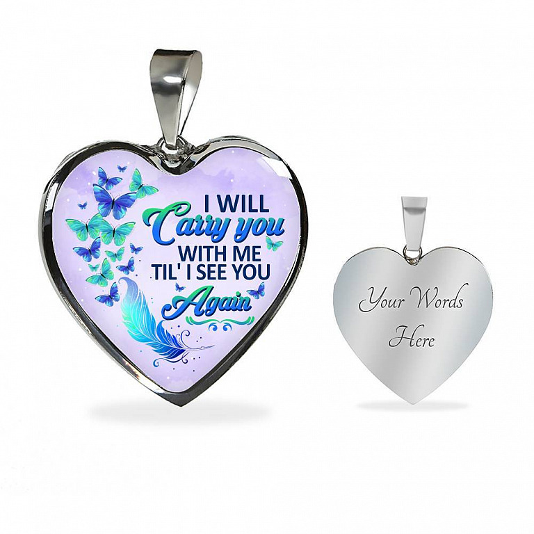 I Will Carry You With Me Til' I See You Again Butterfly Heart Pendant Necklace - Memorial Gift Necklace - Heart Luxury Necklace (Silver)
