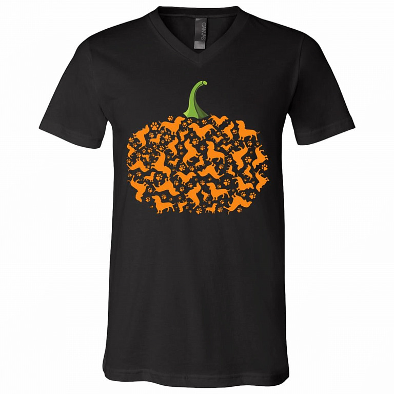 Halloween Pumpkin Dachshund Paws T-Shirt - V-Neck Tee, Black, V-Neck T-Shirt