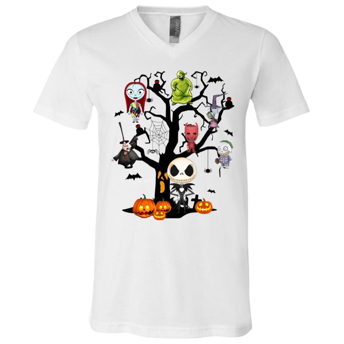 Halloween Town Tree Funny Jack And Sally Nightmare Before Christmas T-Shirt - V Neck, White, V-Neck T-Shirt