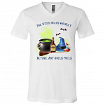 The Witch Needs Whiskey Before Any Hocus Pocus Light T-shirt - V-neck - Halloween Drinking Shirt, White, V-Neck T-Shirt