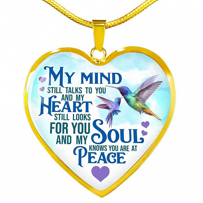 My Mind Still Talks To You But My Soul Know You Are At Peace Hummingbird Luxury Heart Pendant Necklace - Heart Luxury Necklace (Gold Plated)