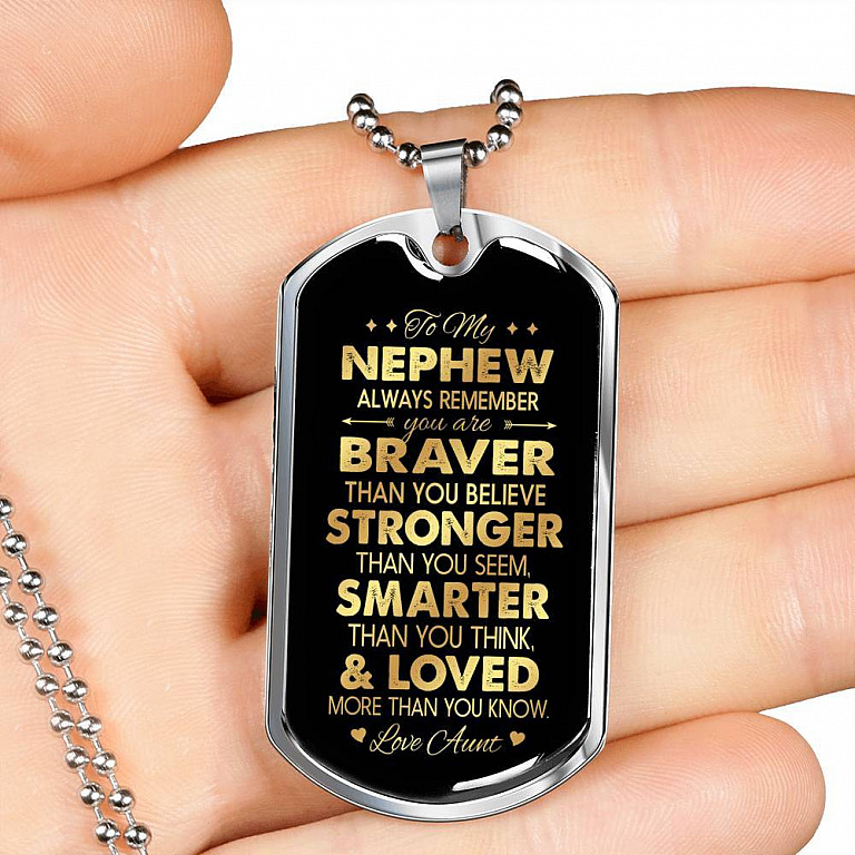 Aunt To My Nephew Always Remember You Are Braver Than You Believe Love Aunt Dog Tag Pendant Necklace - Dog Tag (Silver)