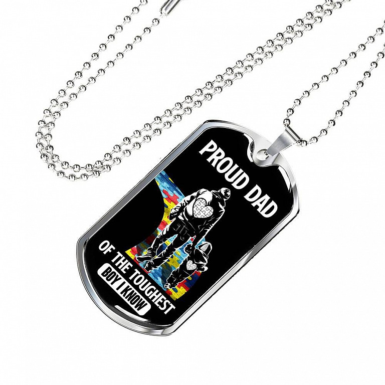 Proud Dad of the Toughest Boy I Know Autism Awareness Dog Tag Pendant Necklace - Dog Tag (Silver)