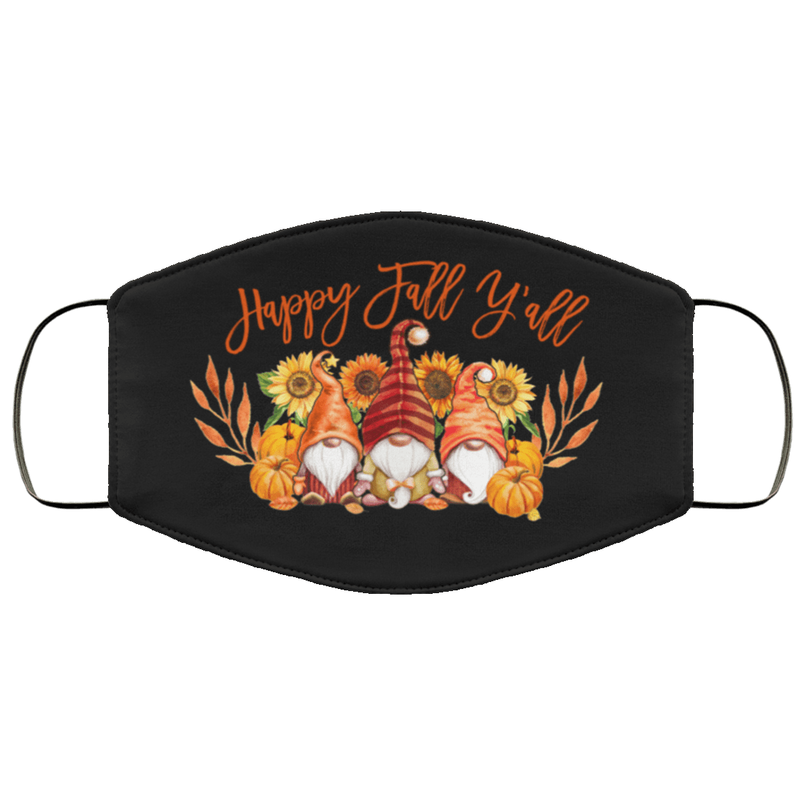 Happy Fall Y'all Funny Gnome Pumpkin Autumn Washable Reusable Custom - Printed Cloth Face Mask Cover, Black, Cloth Face Cover – Medium/Large