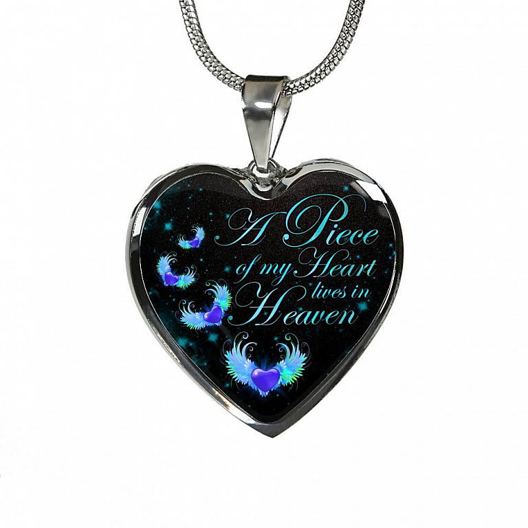 Angel Wings Heart a Piece of My Heart Lives in Heaven Heart Pendant Necklace - Heart Luxury Necklace (Silver)