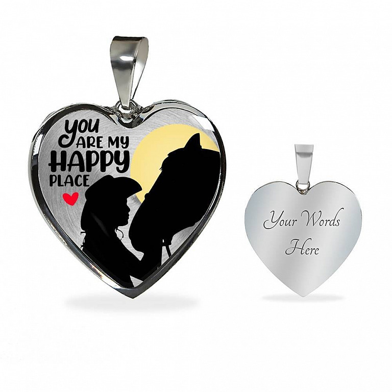 You Are My Happy Place Cowgirl Luxury Heart Pendant Necklace - Horse Lover Gifts - Heart Luxury Necklace (Silver)