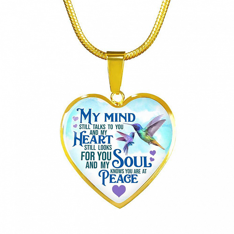 My Mind Still Talks To You But My Soul Know You Are At Peace Hummingbird Luxury Heart Pendant Necklace - Heart Luxury Necklace (Gold Plated)
