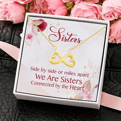Alternative view of Sisters Side By Side Or Miles Apart We Are Sisters Connected By The Heart Infinity Heart Pendant Necklace