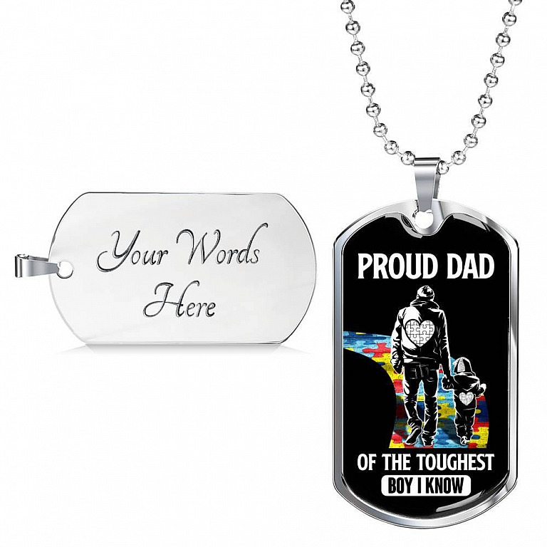 Proud Dad of the Toughest Boy I Know Autism Awareness Dog Tag Pendant Necklace - Dog Tag (Silver)