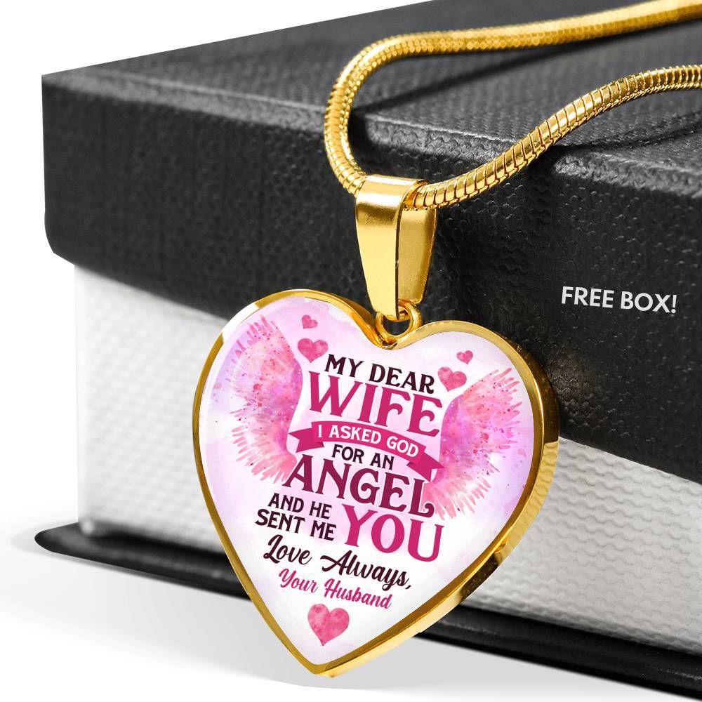 My Dear Wife I Asked God for an Angel He Sent Me You from Husband Heart Pendant Necklace - For Her - Heart Luxury Necklace (Gold Plated) My Dear Wife I Asked God for an Angel He Sent Me You from Husband Heart Pendant Necklace - For Her - Heart Luxury Necklace (Gold Plated)