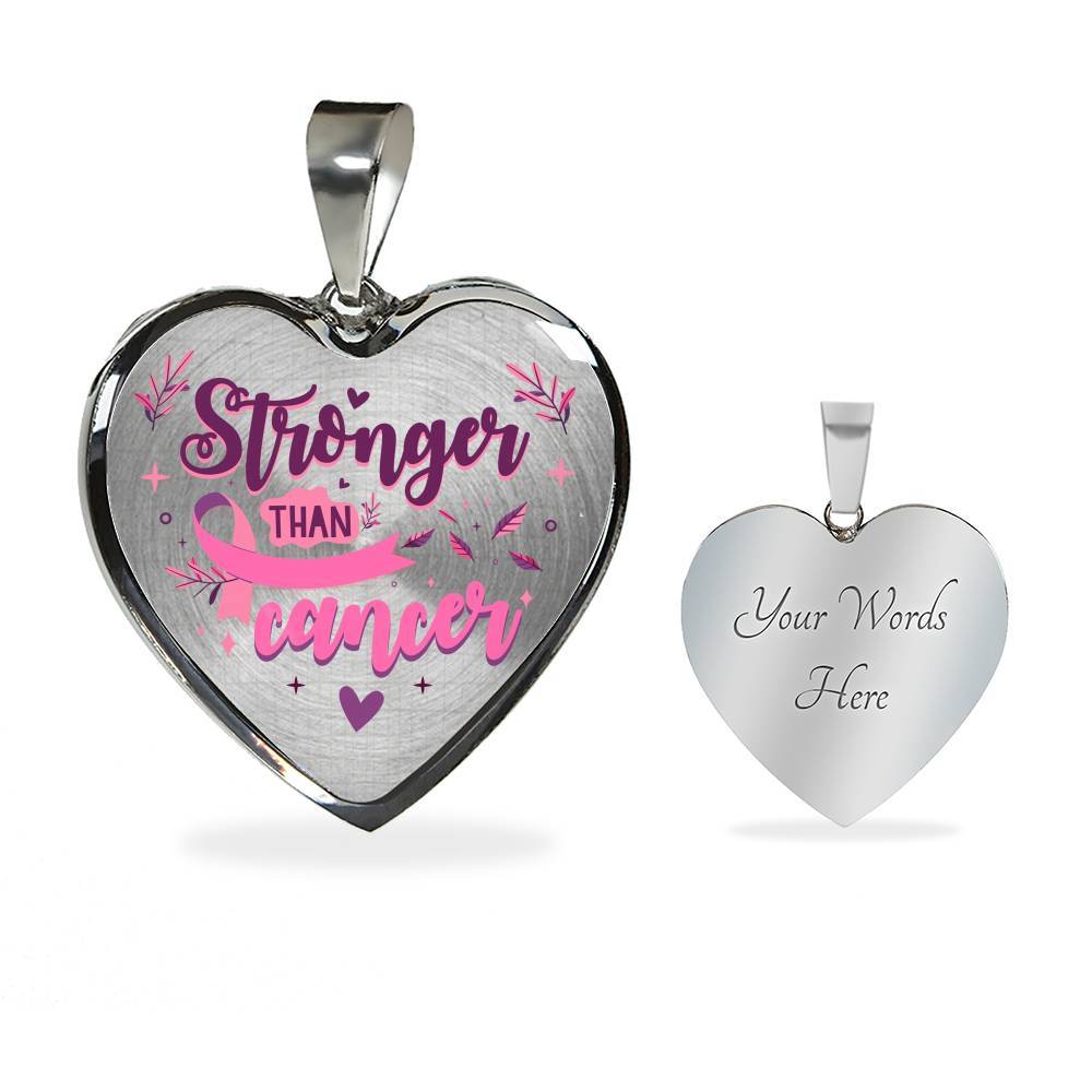 Stronger Than Cancer Heart Pendant Necklace - Necklace For Breast Cancer Awareness - Heart Luxury Necklace (Silver)