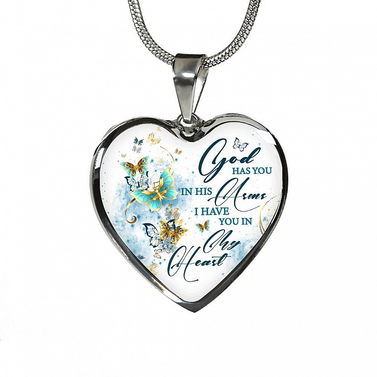 Butterfly God Has You In His Arms I Have You in My Heart Heart Pendant Necklace - Heart Luxury Necklace (Silver)
