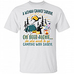 A Woman Can Not Survive on Beer Alone She Also Needs to Go Camping with Darryl T-Shirt - Funny Women Camping Shirt, White, Unisex T-Shirt