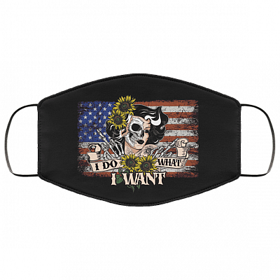 I Do What I Want Skull Women USA Flag Washable Reusable Custom - Printed Cloth Face Mask Cover, Black, Cloth Face Cover – Medium/Large