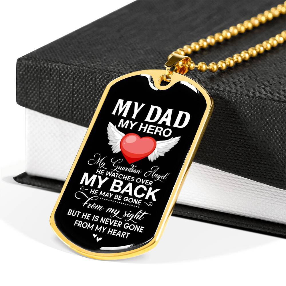 My Dad My Hero My Guardian Angel He Watches Over My Back Dog Tag Pendant Necklace - Dog Tag (Gold Plated) My Dad My Hero My Guardian Angel He Watches Over My Back Dog Tag Pendant Necklace - Dog Tag (Gold Plated)