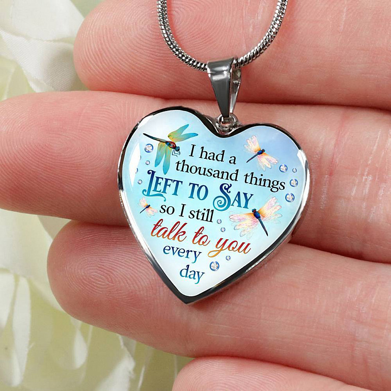 Dragonfly I Had a Thousand Things Left to Say So I Still Talk to You Heart Pendant Necklace - Heart Luxury Necklace (Silver)