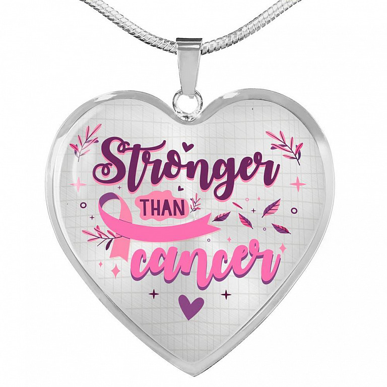 Stronger Than Cancer Heart Pendant Necklace - Necklace For Breast Cancer Awareness - Heart Luxury Necklace (Silver)