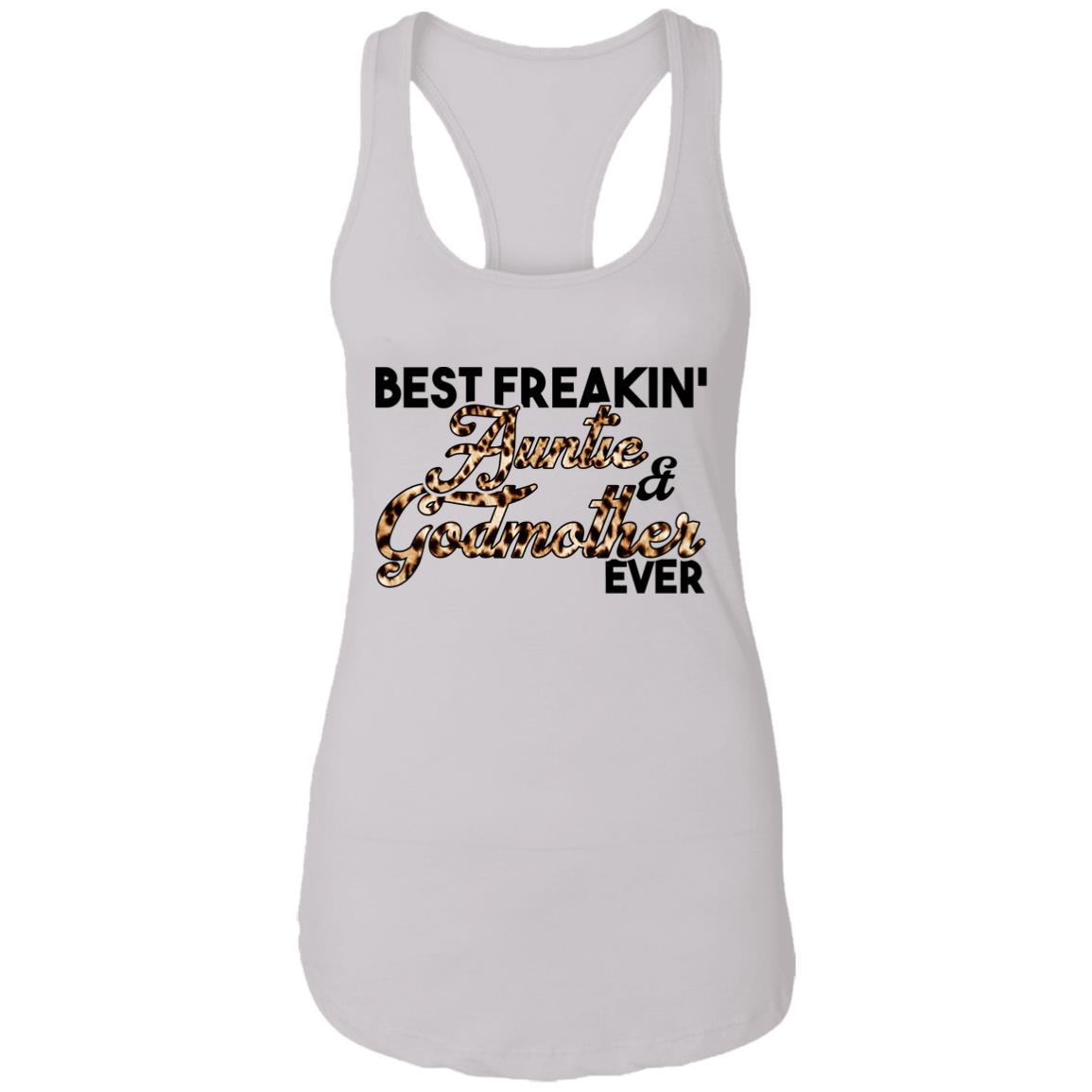 Best Freakin' Auntie Godmother Ever Leopard Print Cotton Tank Top Tee - Ladies Racerback Tank, White, Ladies Racerback Tank