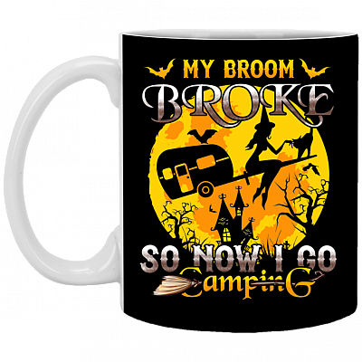 My Broom Broke So Now I Go Camping Funny Witch Halloween Ceramic Coffee Mug - Water Bottle, Black, 11 oz. White Mug
