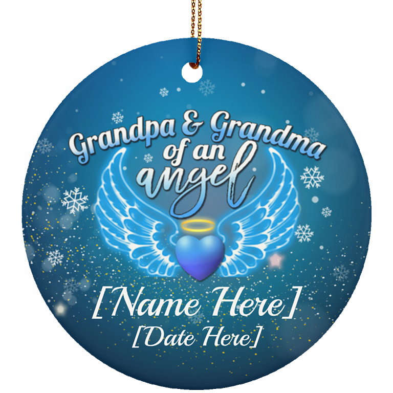 Personalized Grandpa And Grandma Of An Angel Miscarriage Memorial Christmas Circle Ornament Keepsake, White, Ceramic Circle Ornament