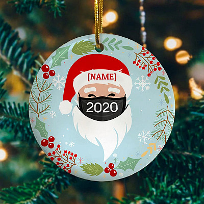 Alternative view of Personalized Santa Wearing A Face Mask Christmas Ornament Keepsake - Circle Holiday Flat Ornament