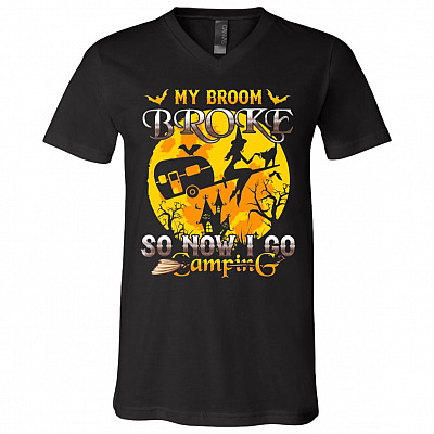 My Broom Broke So Now I Go Camping Funny Witch Halloween T-Shirt - V Neck, Black, V-Neck T-Shirt