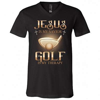 Jesus Is My Savior Golf Is My Therapy T-Shirt - V-Neck Shirt, Black, V-Neck T-Shirt