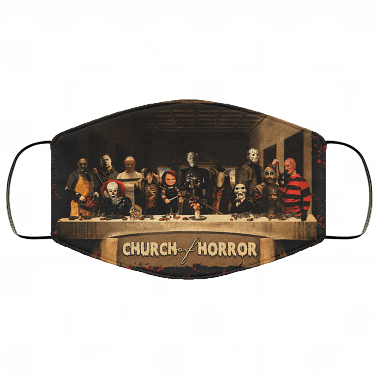Church Of Horror Face Mask - Horror Movie Washable Reusable Custom Printed Cloth Face Mask Cover, White, Cloth Face Cover – Medium/Large