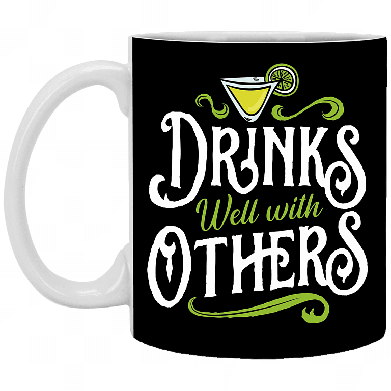 Drinks Well With Others - Ceramic Coffee Mug – Beer Stein – Water Bottle – Color Changing Mug, Black, 11 oz. White Mug