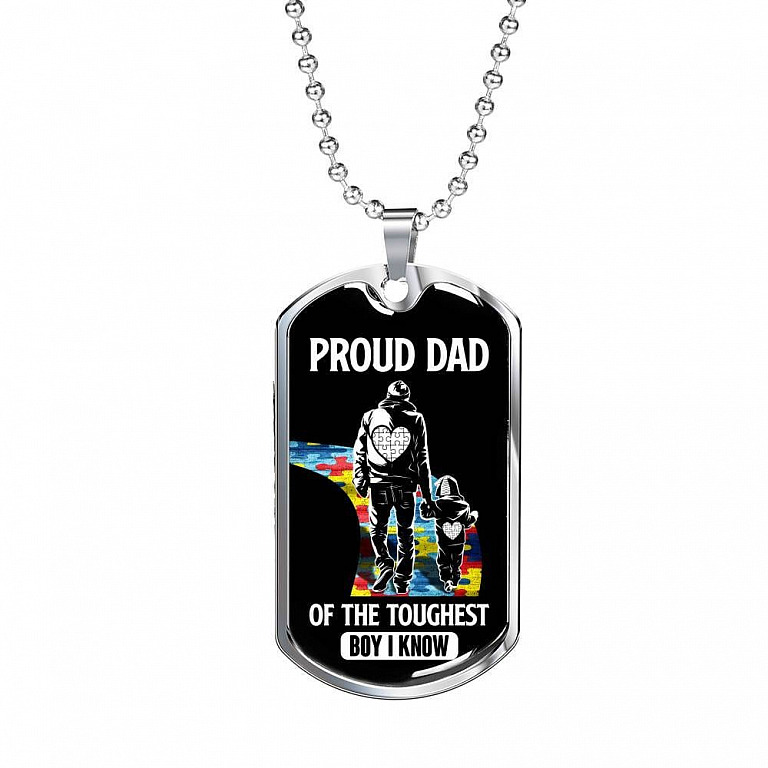 Proud Dad of the Toughest Boy I Know Autism Awareness Dog Tag Pendant Necklace - Dog Tag (Silver)