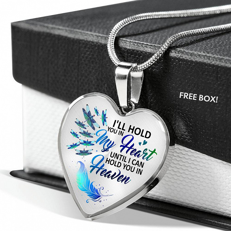 Dragonfly I'll Hold You in My Heart Until I Can Hold You in Heaven Memorial Gift - Heart Pendant Necklace - Heart Luxury Necklace (Silver)