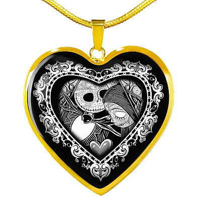 Jack And Sally Heart Pendant Necklace - Skellington Gifts For Couple - Heart Luxury Necklace (Gold Plated)