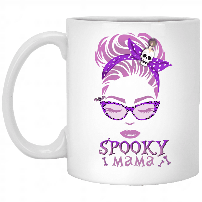 Spooky Mama Funny Halloween Gift Ceramic Coffee Mug - Water Bottle, White, 11 oz. White Mug
