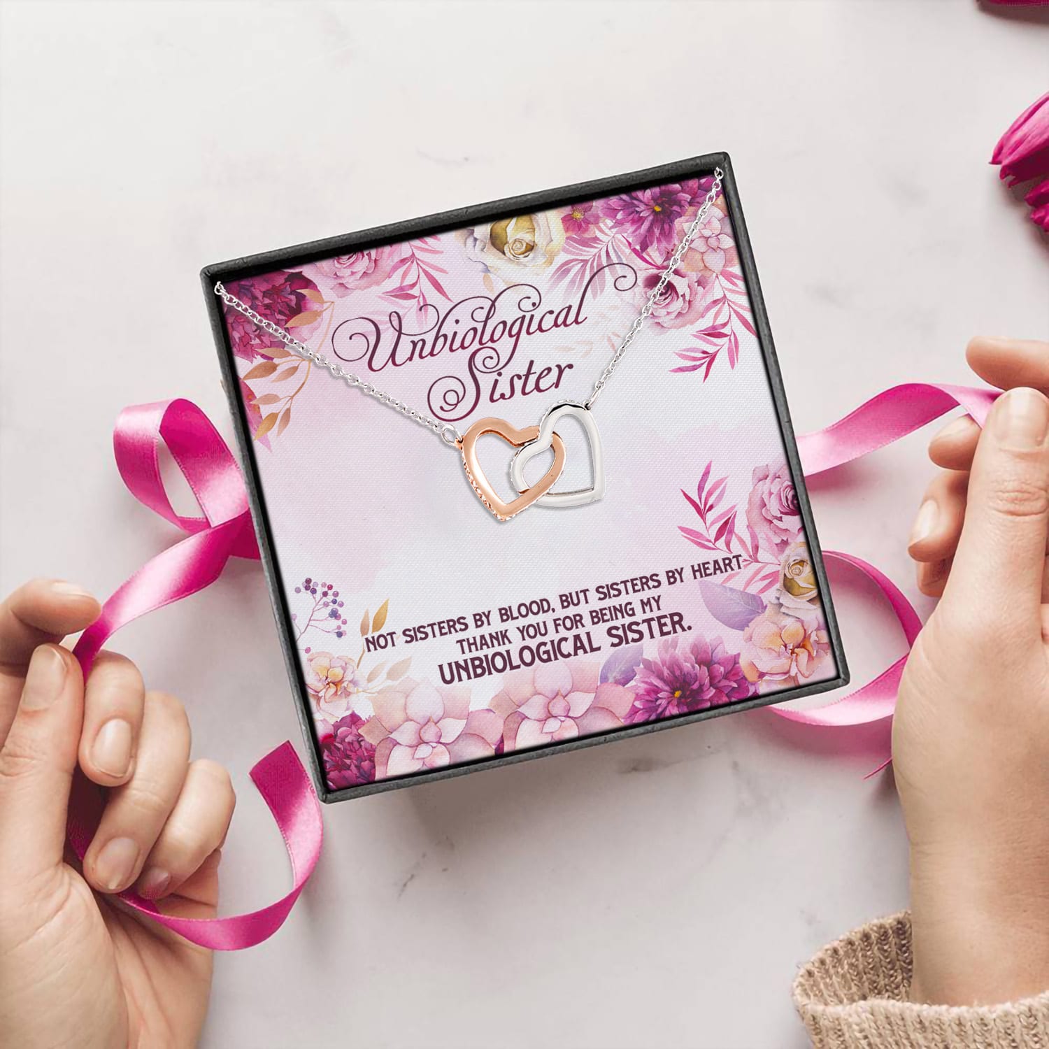 8VT. Unbiological Sister By Blood Interlocking Hearts Necklace 5