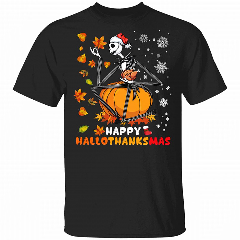Happy Hallowthanksmas Halloween Thanksgiving Christmas Jack Skellington T-Shirt, Black, Unisex T-Shirt
