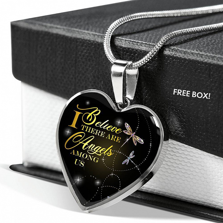 Dragonfly I Believe There Are Angels Among Us Heart Pendant Necklace - Heart Luxury Necklace (Silver)