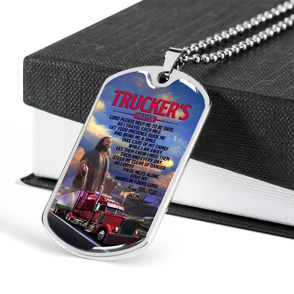 Trucker's Prayer Lord Please Help Me To Be Safe I Put My Hands In Yours Lord Get Me Home Dog Tag Pendant Necklace - Dog Tag (Silver)