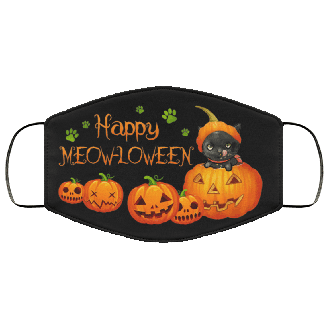 Happy Meow-lloween Funny Halloween Washable Reusable Custom - Printed Cloth Face Mask Cover, Black, Cloth Face Cover – Medium/Large